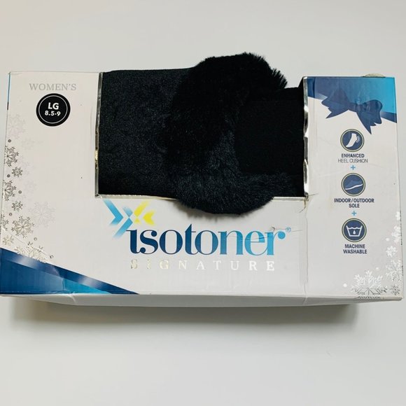 Isotoner Womens Slide Slippers Size L/9 Black Faux Fur Rose Pattern Memory Foam - Picture 6 of 11